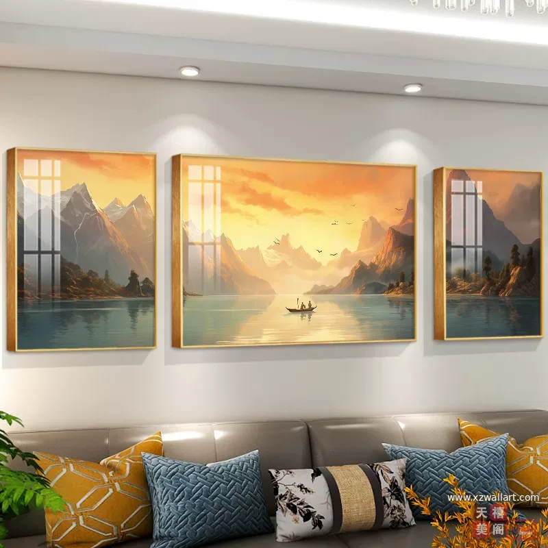 山水 三联 装饰画 现代简约 客厅背景墙挂画 晶瓷画