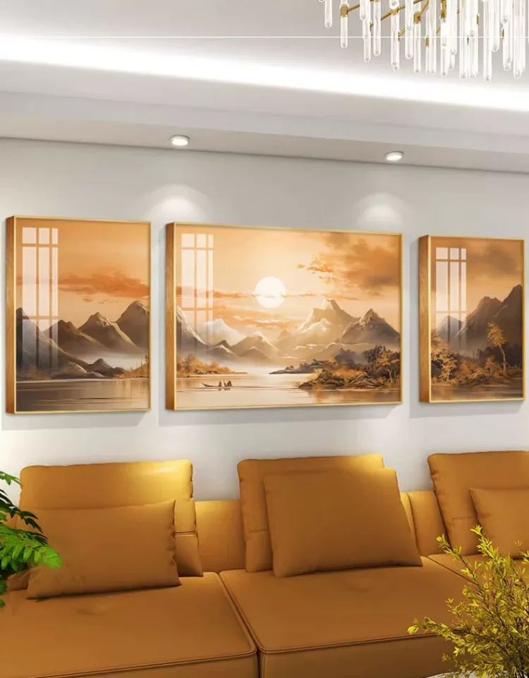 山水 三联 装饰画 现代简约 客厅背景墙挂画 晶瓷画