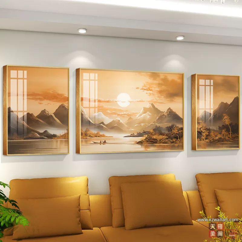 山水 三联 装饰画 现代简约 客厅背景墙挂画 晶瓷画
