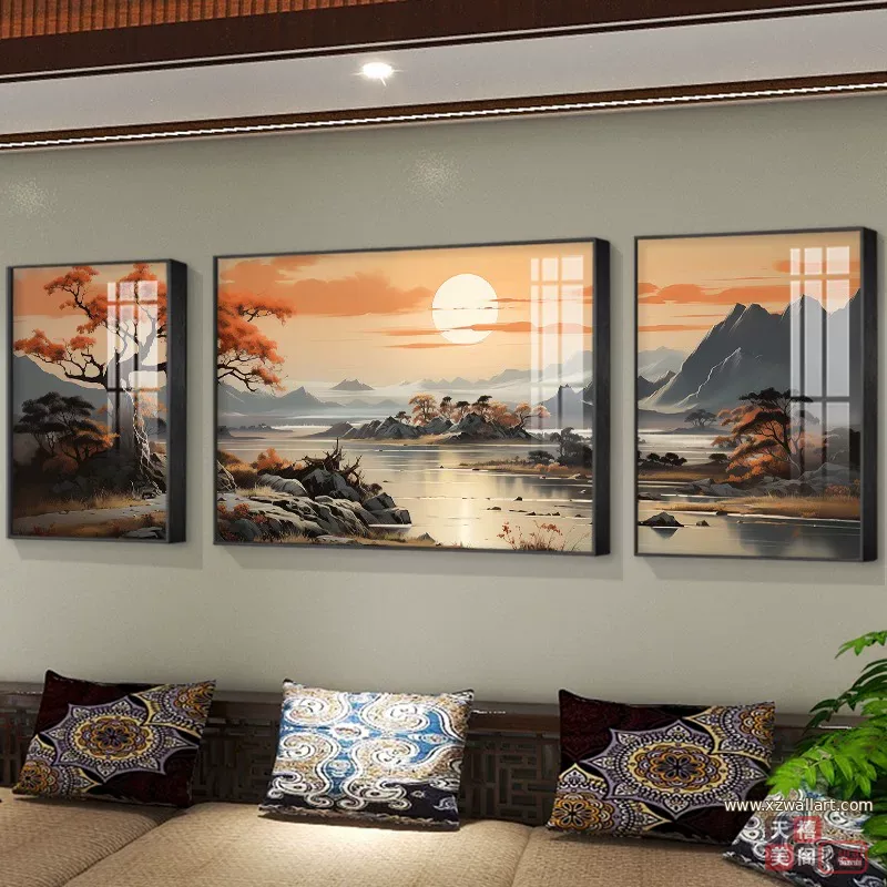 山水 三联 装饰画 现代简约 客厅背景墙挂画 晶瓷画