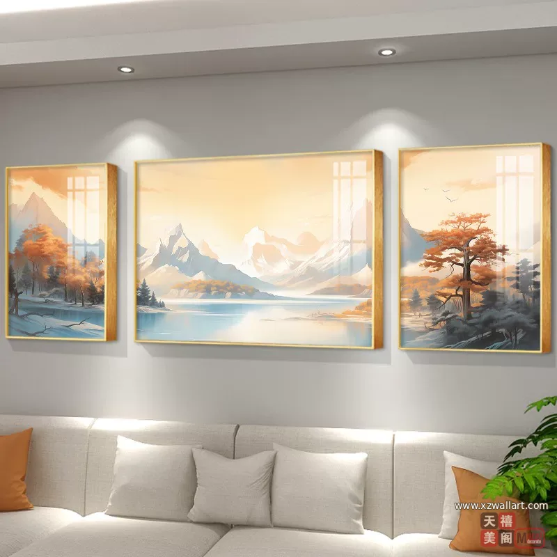 山水 三联 装饰画 现代简约 客厅背景墙挂画 晶瓷画