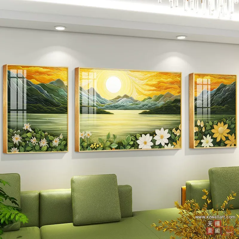 山水 三联 装饰画 轻奢风 客厅背景墙挂画 晶瓷画