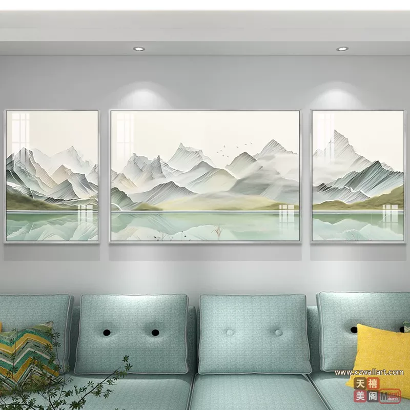 山水 三联 装饰画 轻奢风 客厅背景墙挂画 晶瓷画