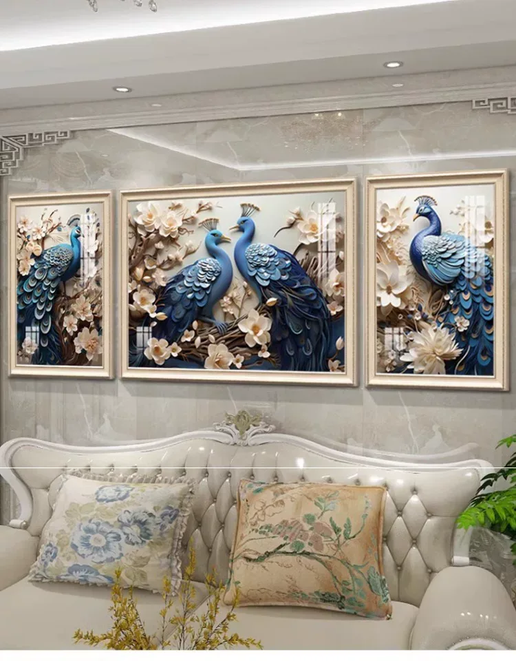 孔雀 三联 装饰画 欧式 客厅背景墙挂画 晶瓷画