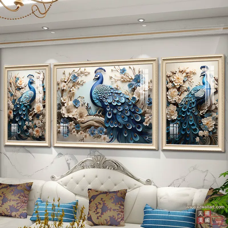 孔雀 三联 装饰画 欧式 客厅背景墙挂画 晶瓷画