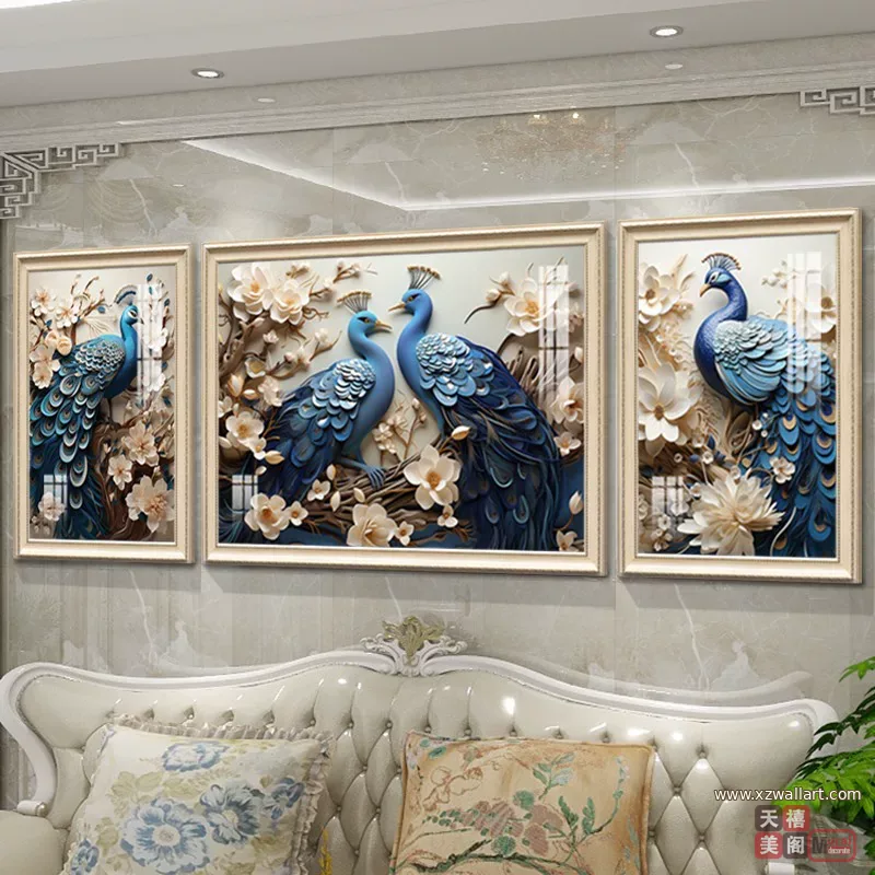 孔雀 三联 装饰画 欧式 客厅背景墙挂画 晶瓷画