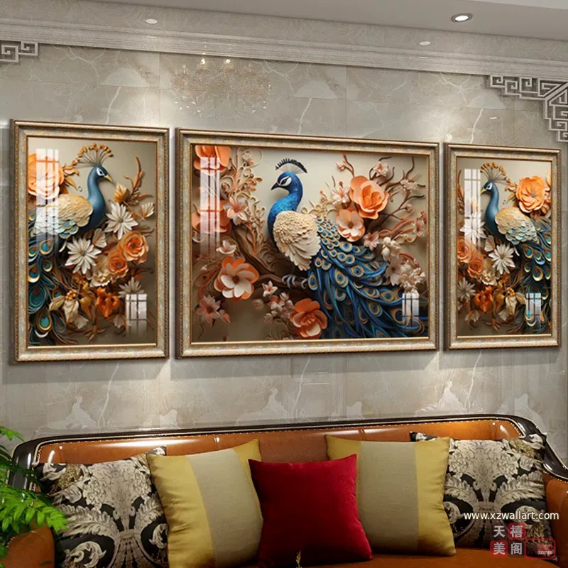 孔雀 三联 装饰画 欧式 客厅背景墙挂画 晶瓷画