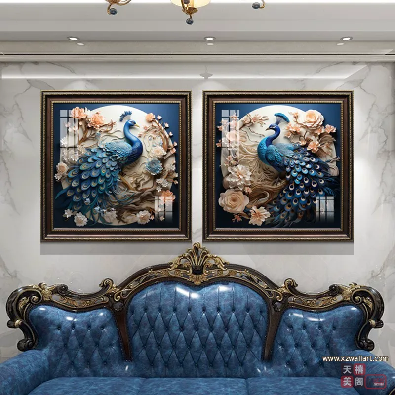 孔雀 单幅 装饰画 美式 客厅背景墙挂画 晶瓷画