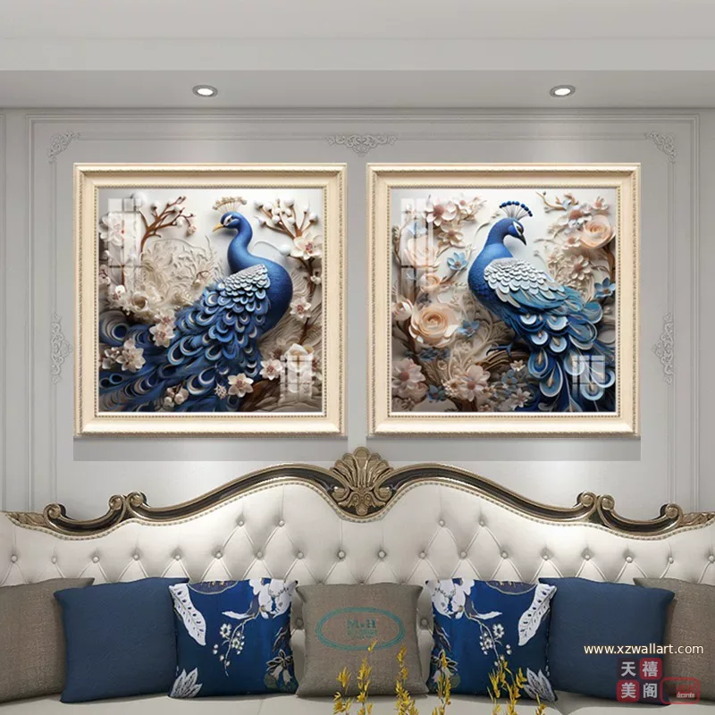 孔雀 单幅 装饰画 美式 客厅背景墙挂画 晶瓷画