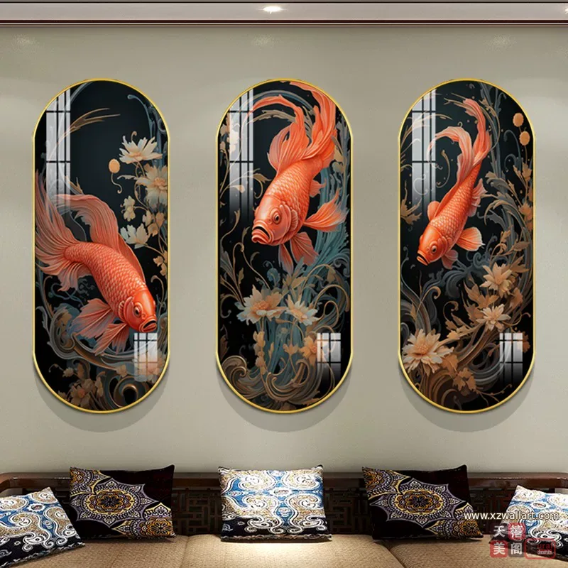 锦鲤 单幅 装饰画 轻奢风 客厅背景墙挂画 晶瓷画