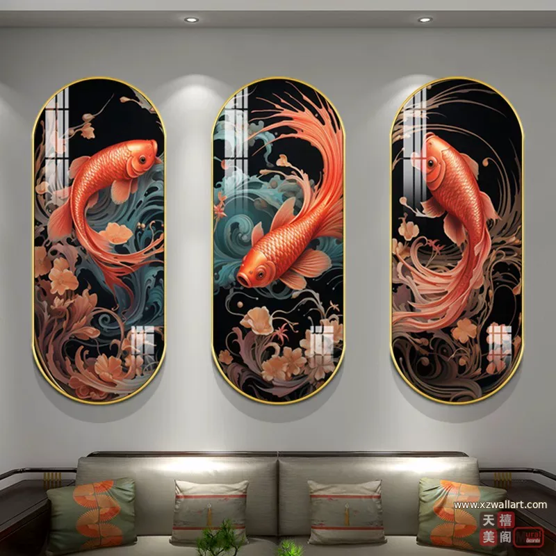 锦鲤 单幅 装饰画 轻奢风 客厅背景墙挂画 晶瓷画