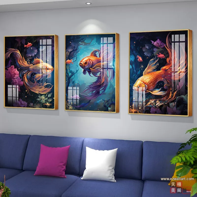 锦鲤 三联 装饰画 轻奢风 客厅背景墙挂画 晶瓷画