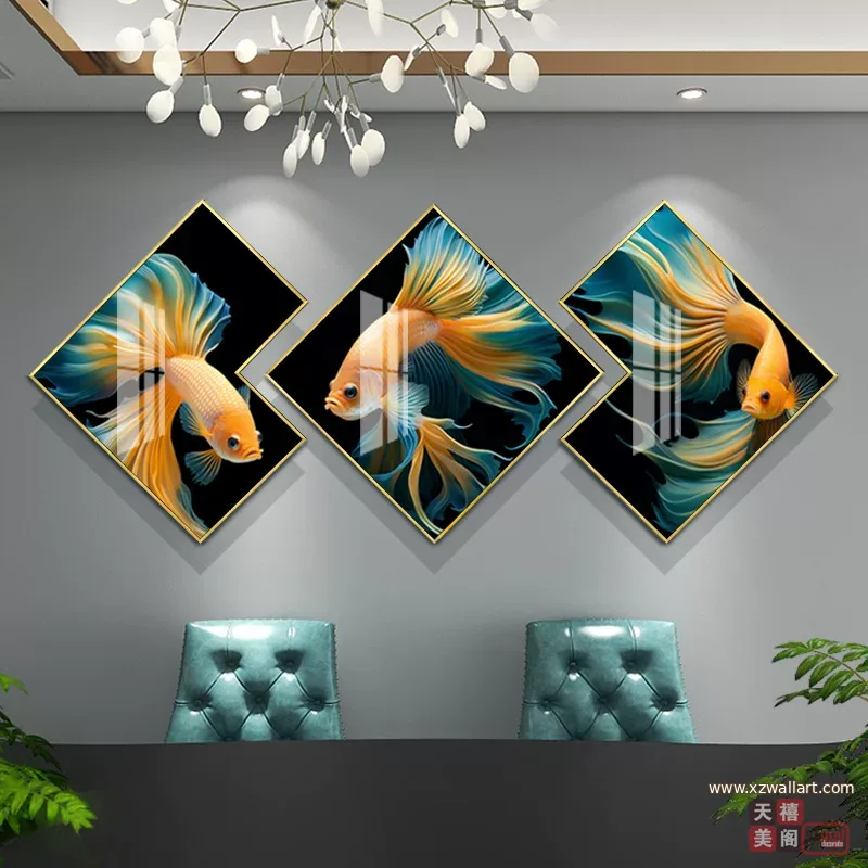 锦鲤 三联 装饰画 轻奢风 餐厅背景墙挂画 晶瓷画