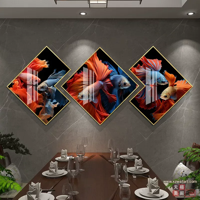 锦鲤 三联 装饰画 轻奢风 餐厅背景墙挂画 晶瓷画