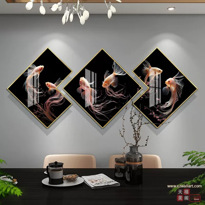 锦鲤 三联 装饰画 轻奢风 餐厅背景墙挂画 晶瓷画