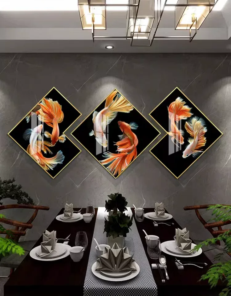 锦鲤 三联 装饰画 轻奢风 餐厅背景墙挂画 晶瓷画