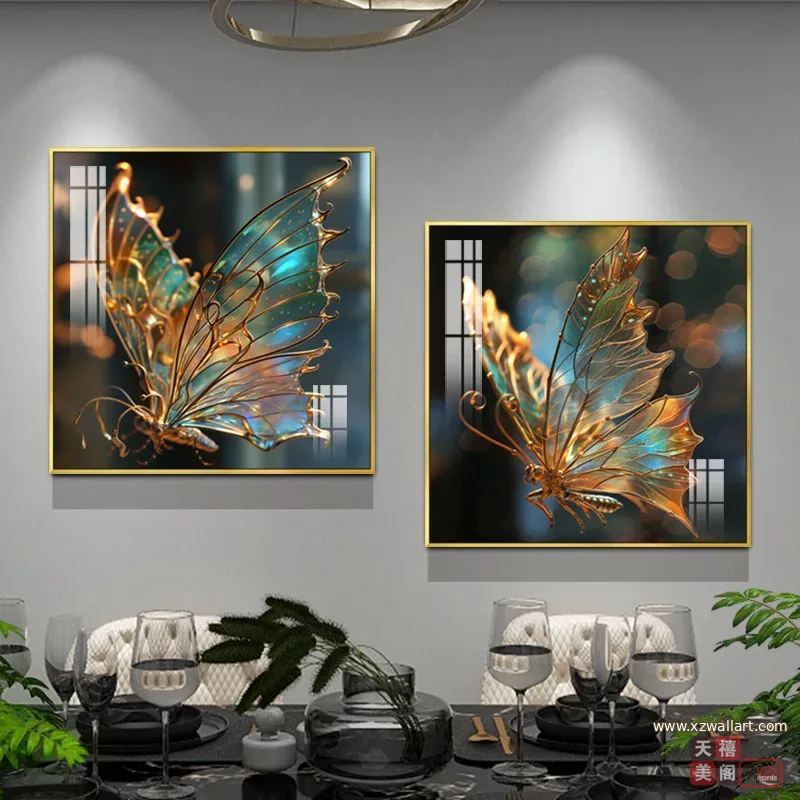 蝴蝶 单幅 装饰画 轻奢风 餐厅背景墙挂画 晶瓷画