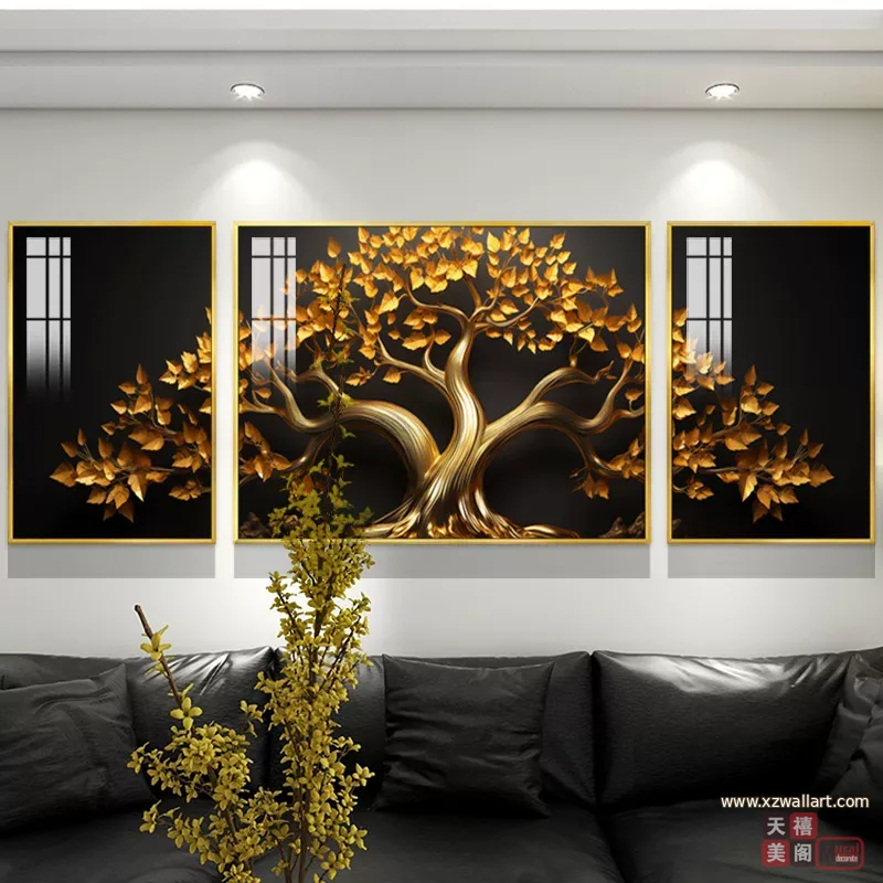 树 三联 装饰画 轻奢风 客厅背景墙挂画 晶瓷画