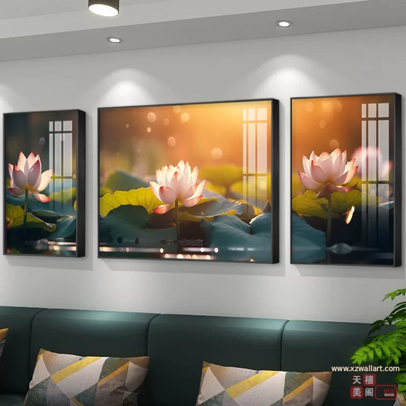 荷花 三联 装饰画 轻奢风 客厅背景墙挂画 晶瓷画