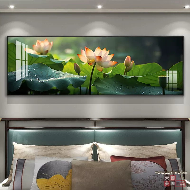 荷花 单幅 装饰画 轻奢风 卧室背景墙挂画 晶瓷画
