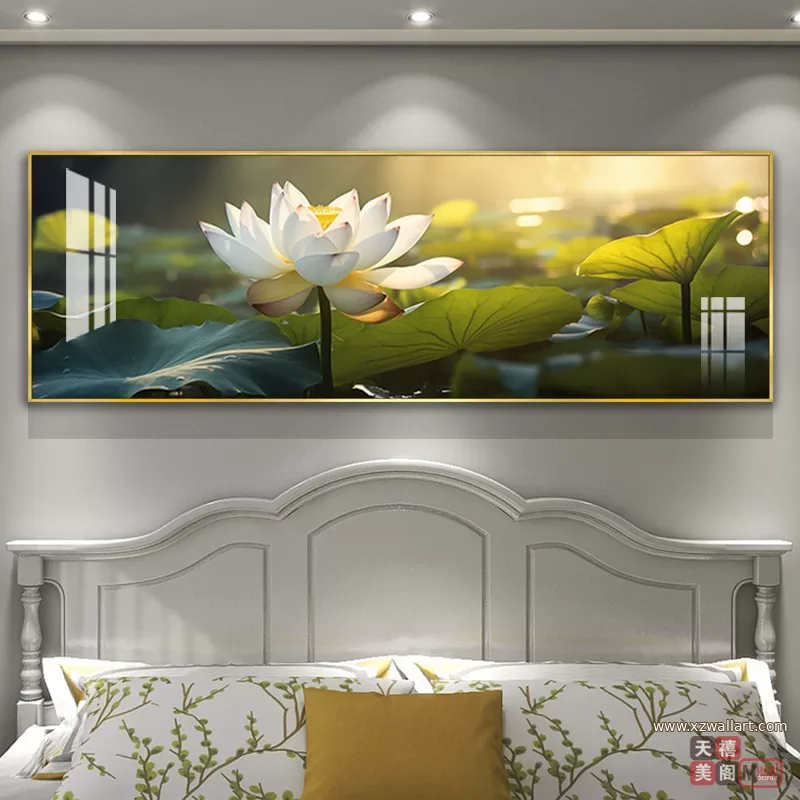 荷花 单幅 装饰画 轻奢风 卧室背景墙挂画 晶瓷画