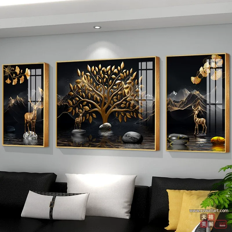 抽象 三联 装饰画 轻奢风 客厅背景墙挂画 晶瓷画