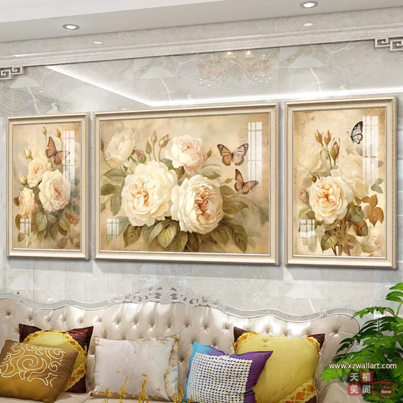 抽象 三联 装饰画 美式 客厅背景墙挂画 晶瓷画