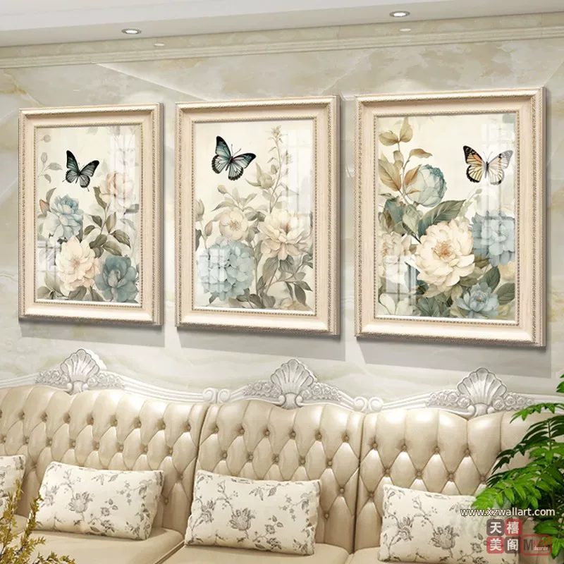 抽象 三联 装饰画 美式 客厅背景墙挂画 晶瓷画