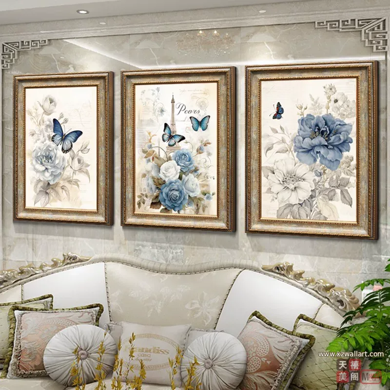 抽象 三联 装饰画 美式 客厅背景墙挂画 晶瓷画