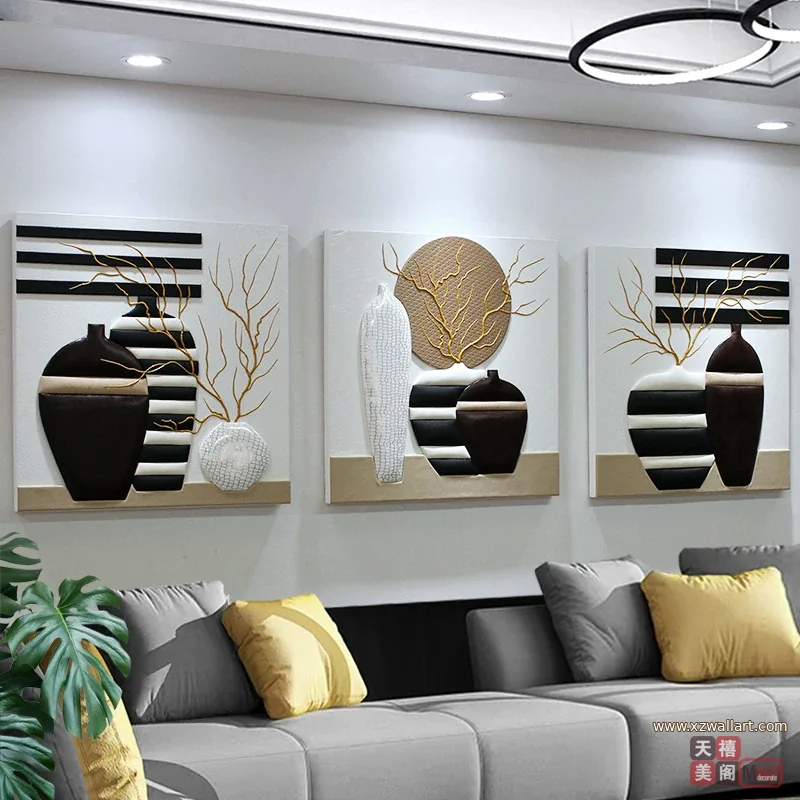 抽象 三联 装饰画 轻奢风 客厅背景墙挂画 晶瓷画