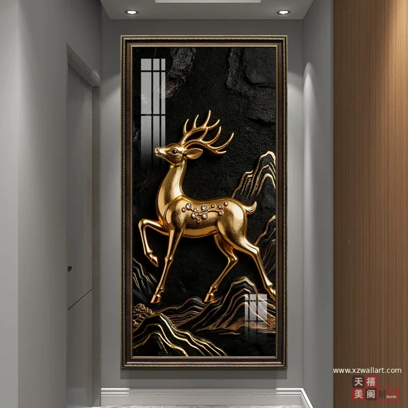鹿 单幅 装饰画 美式 玄关背景墙挂画 晶瓷画