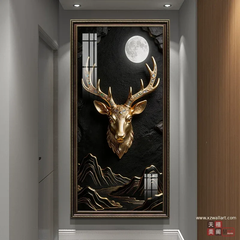 鹿 单幅 装饰画 美式 玄关背景墙挂画 晶瓷画