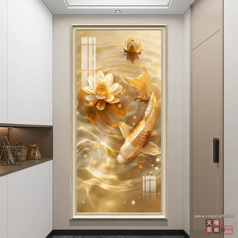 荷花 单幅 装饰画 轻奢风 玄关背景墙挂画 晶瓷画