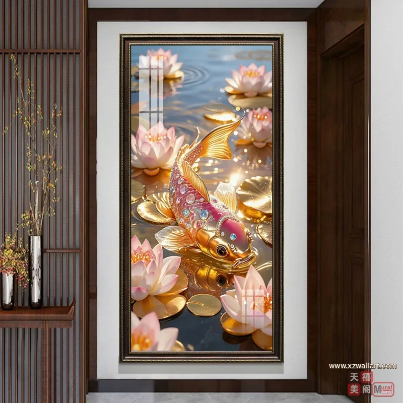 荷花 单幅 装饰画 轻奢风 玄关背景墙挂画 晶瓷画