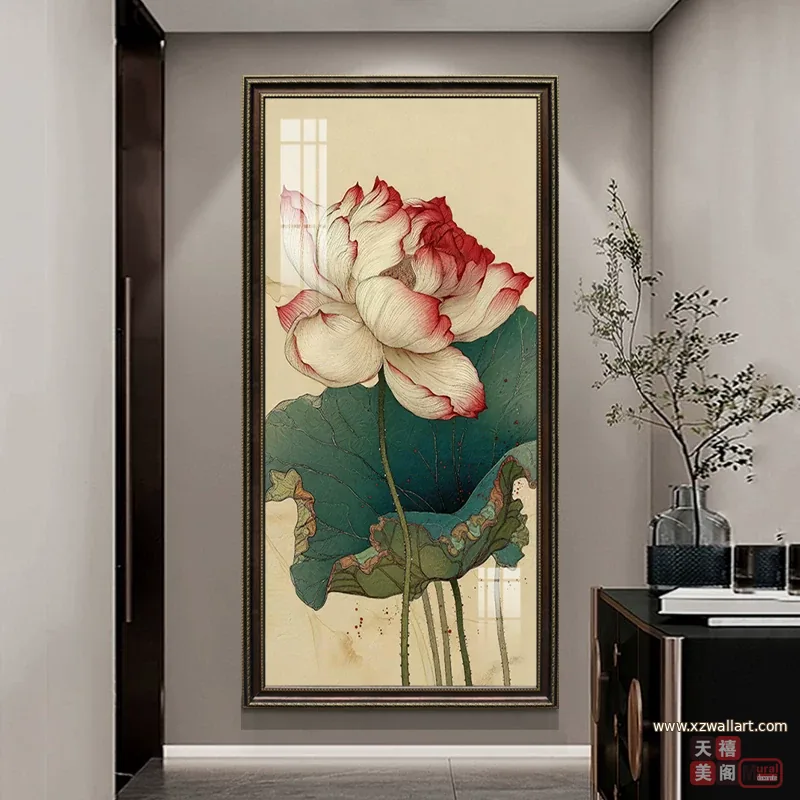 荷花 单幅 装饰画 新中式 玄关背景墙挂画 晶瓷画