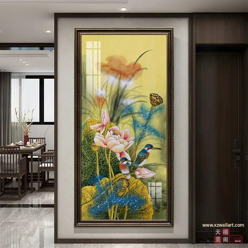 荷花 单幅 装饰画 新中式 玄关背景墙挂画 晶瓷画