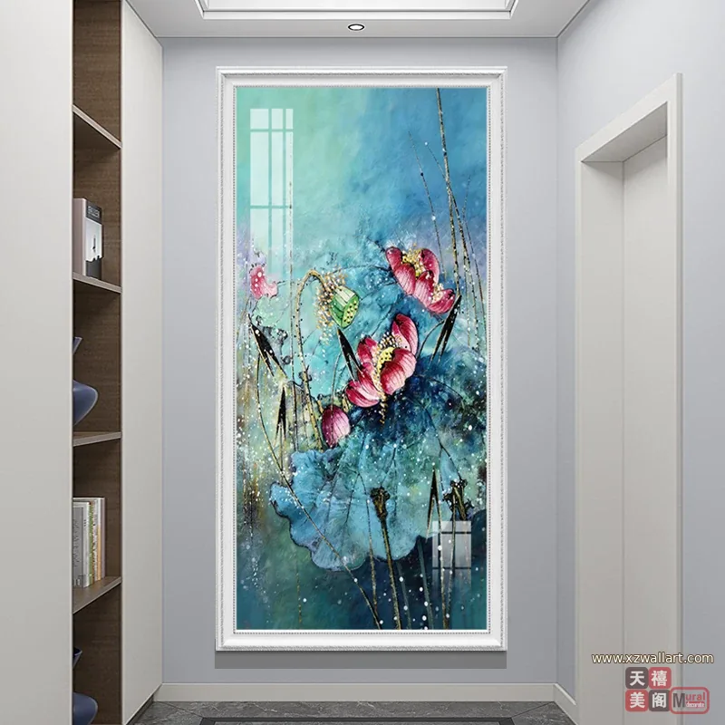 荷花 单幅 装饰画 新中式 玄关背景墙挂画 晶瓷画