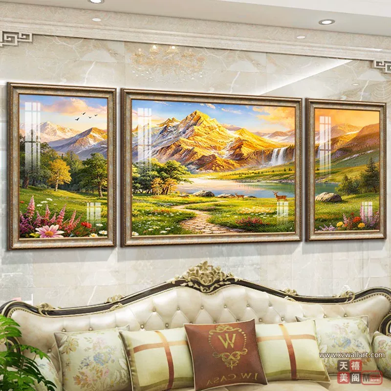 抽象 三联 装饰画 美式 客厅背景墙挂画 晶瓷画