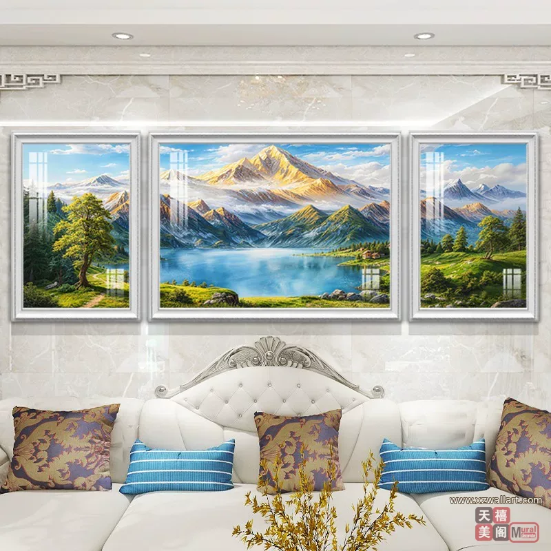 抽象 三联 装饰画 美式 客厅背景墙挂画 晶瓷画