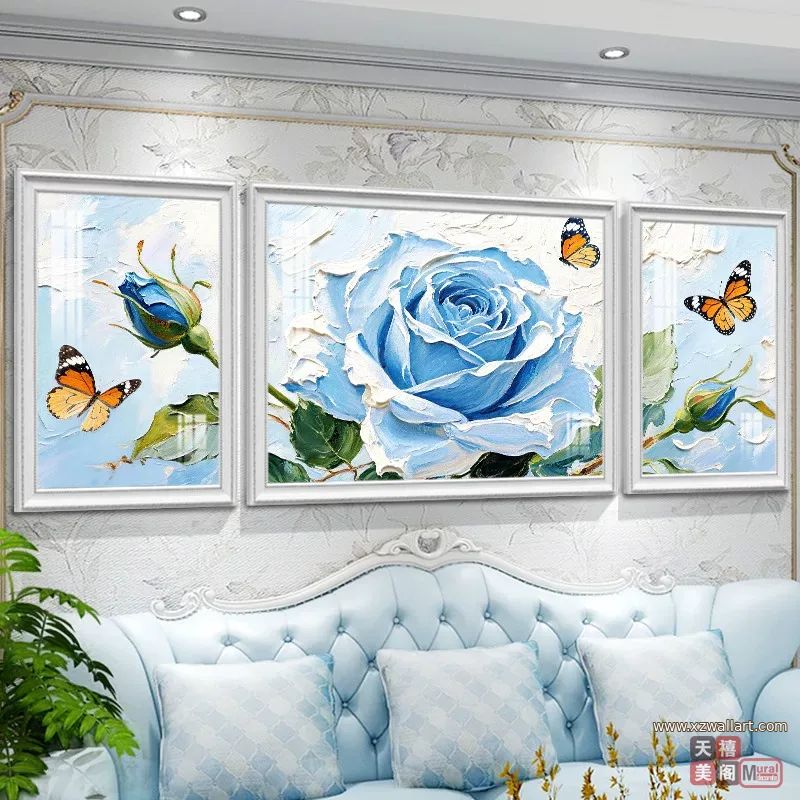 花 三联 装饰画 奶油风 客厅背景墙挂画 晶瓷画