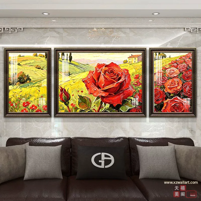 花 三联 装饰画 奶油风 客厅背景墙挂画 晶瓷画