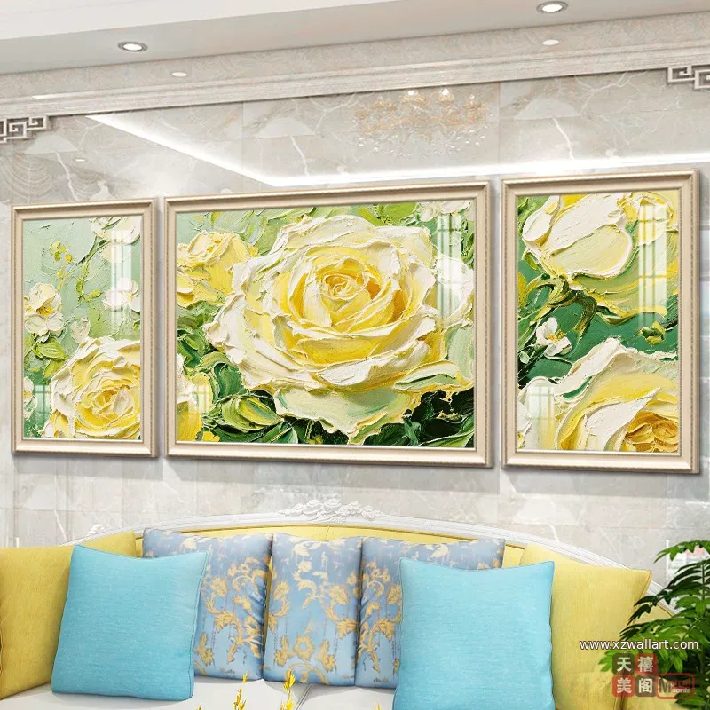 花 三联 装饰画 奶油风 客厅背景墙挂画 晶瓷画