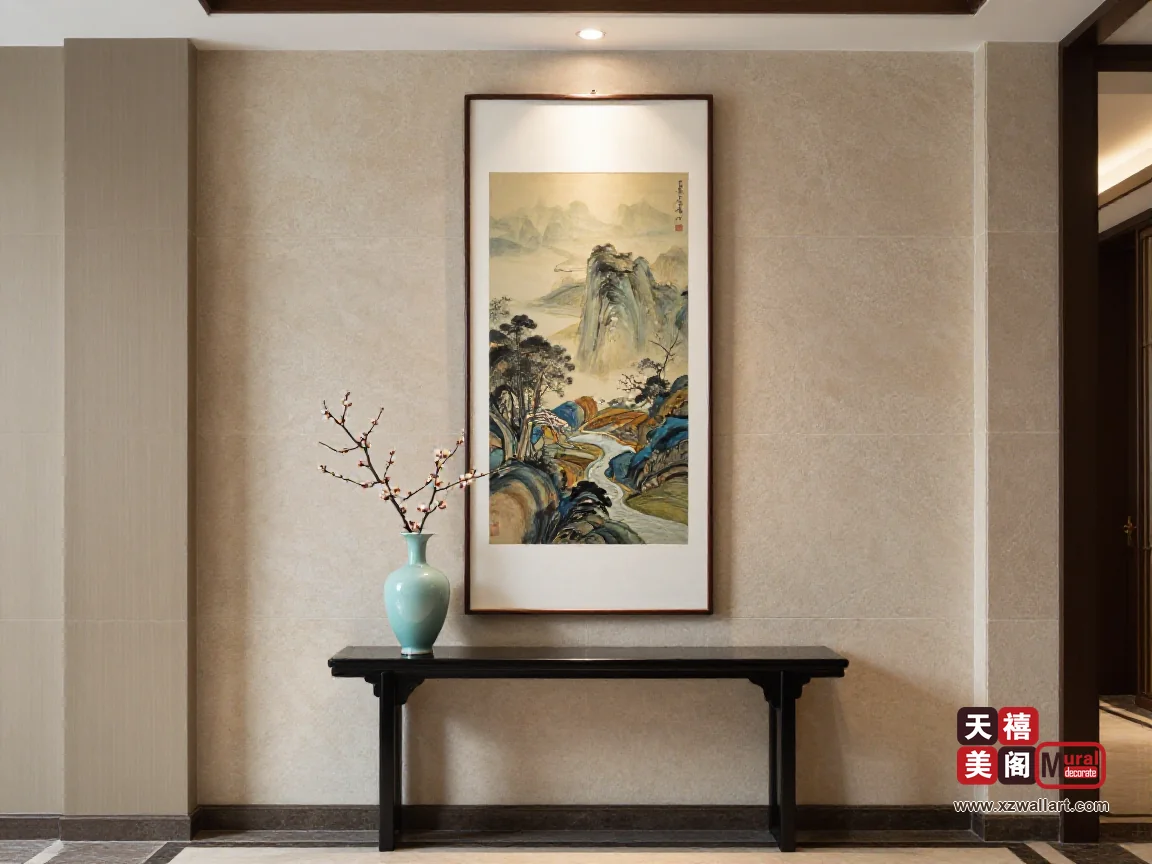 新中式玄关挂画尺寸怎么定？竖版立轴比例、端景墙与灯光