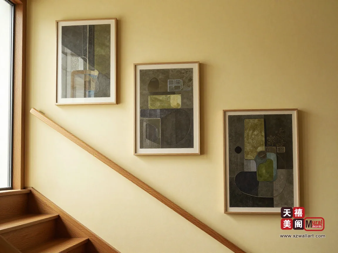 日式风楼梯挂画怎么排？原木扶手与低对比递进