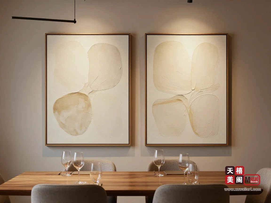 轻奢风餐厅挂画挑多宽、吊多高？餐桌上方比例与双幅对称的实操办法