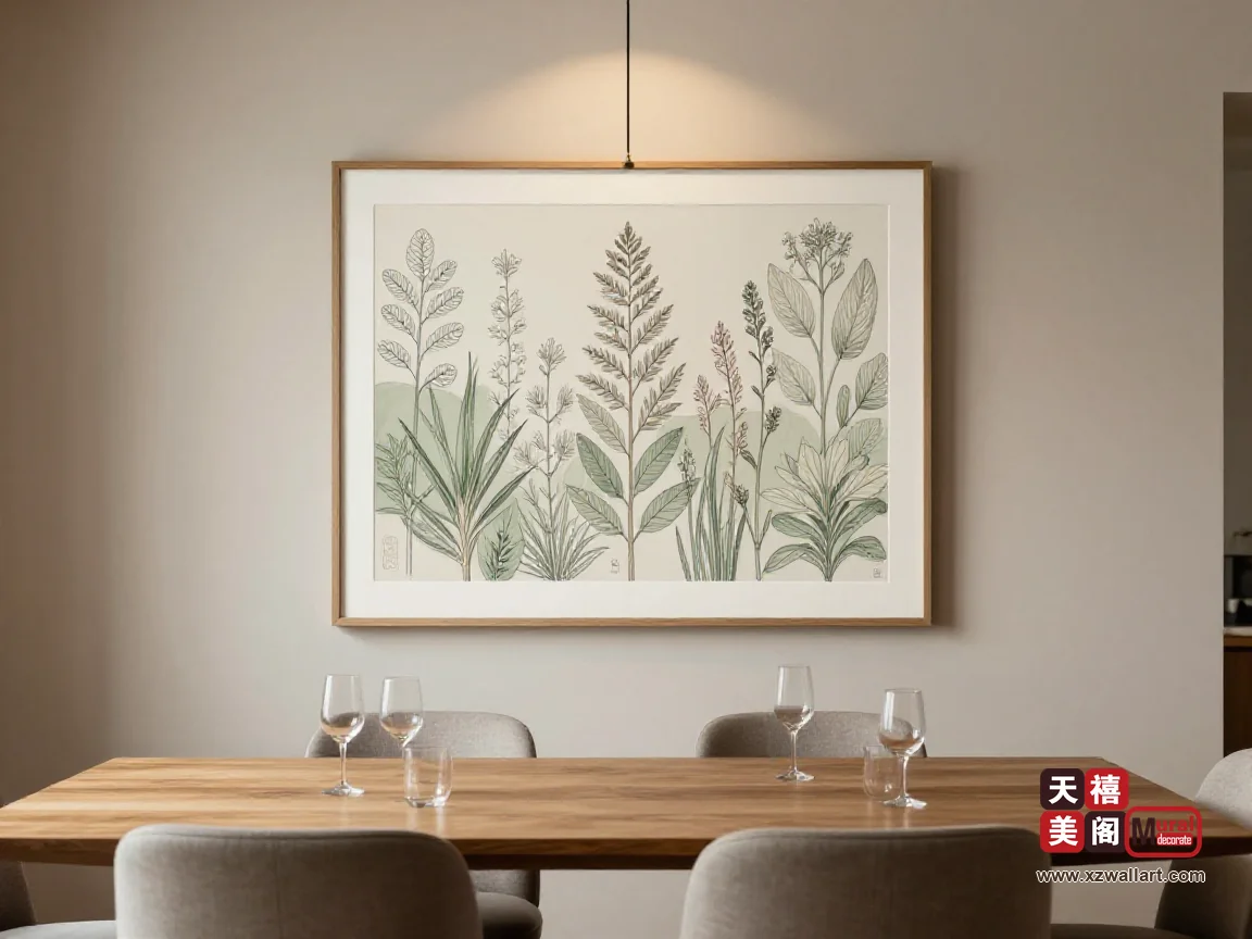 中古风餐厅挂画怎么选？吊灯与画面的高度分层、黄铜面积控制与桌面比例