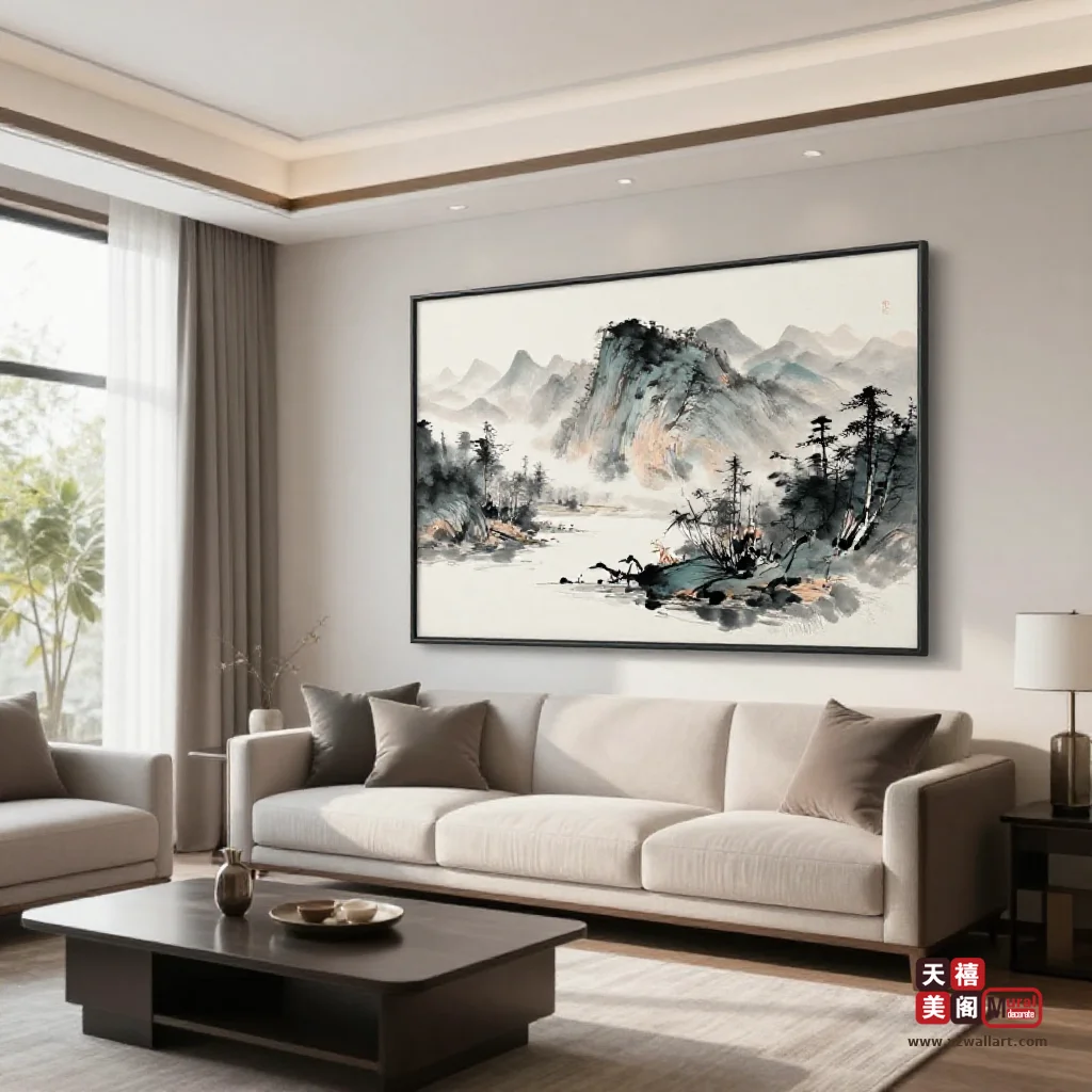 轻奢客厅挂画怎么不显土？深色底、金属光泽与沙发墙比例的实操方法