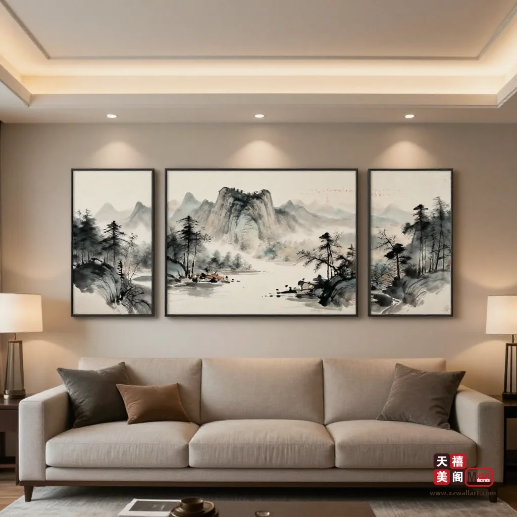 新中式客厅挂画尺寸与题材怎么定？沙发墙比例、留白与山水选法