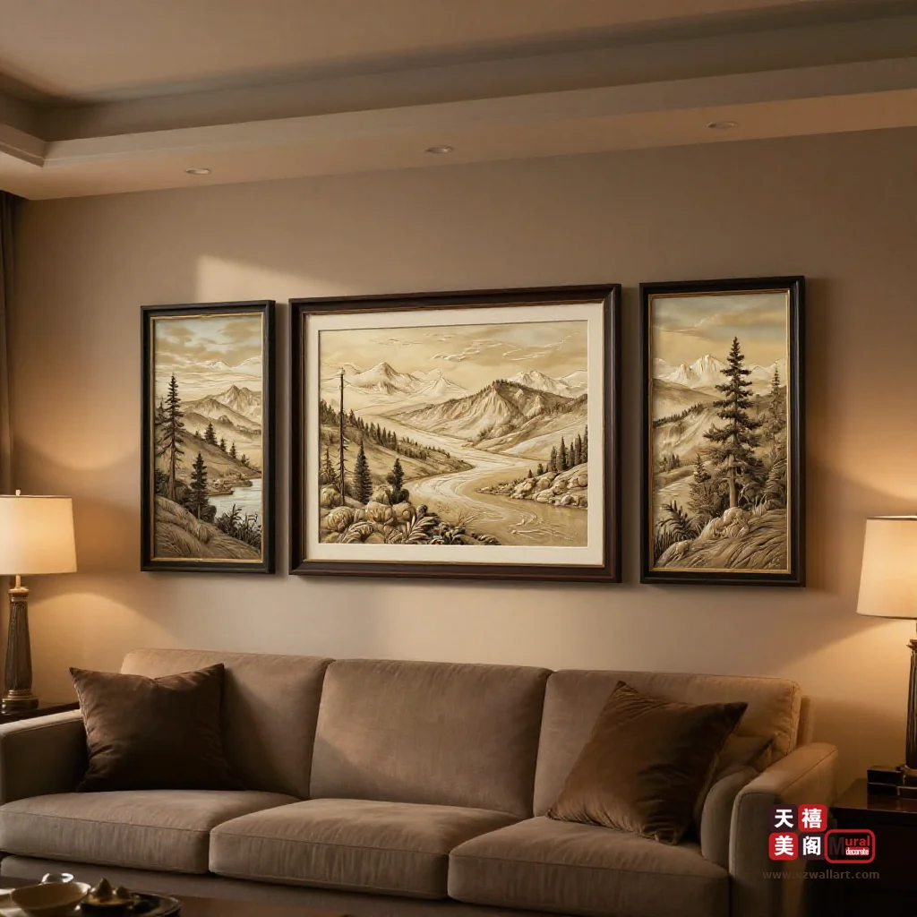 中古风卧室挂画怎么选？焦糖芥末的明度控制、床头软包避让与双幅对称条件