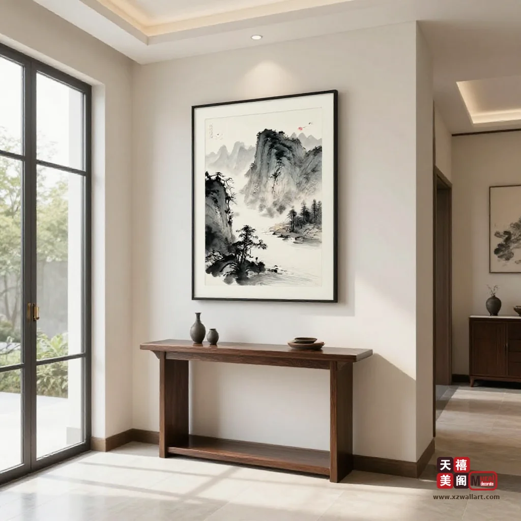 新中式玄关挂画怎么搭？深浅墙面上山水花鸟书法的题材与留白匹配办法